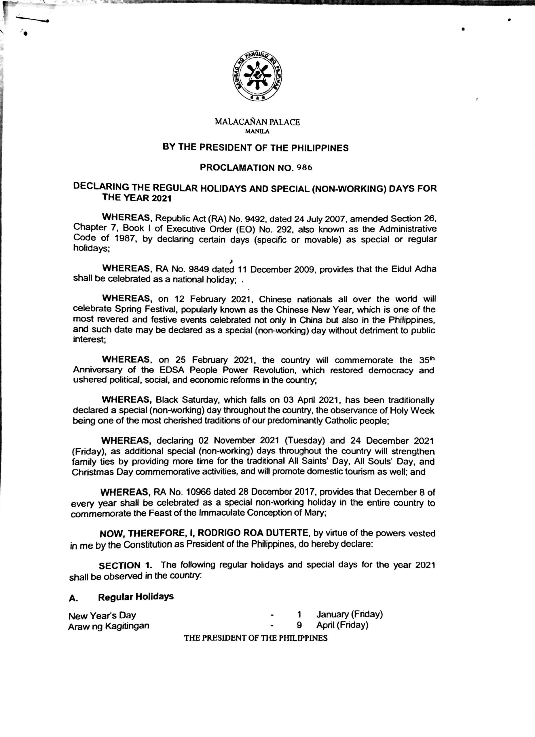 Proclamation No. 986 : Declaring the regular holidays and special (non